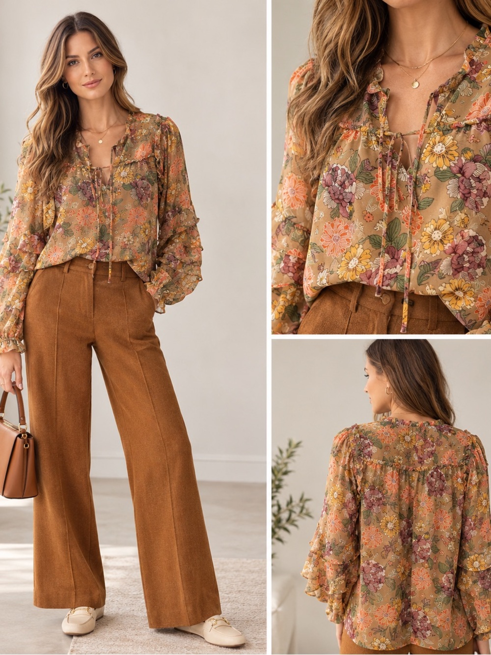 Ces Femme Floral Ruffle Blouse in Tan with Orange & Pink Accents
